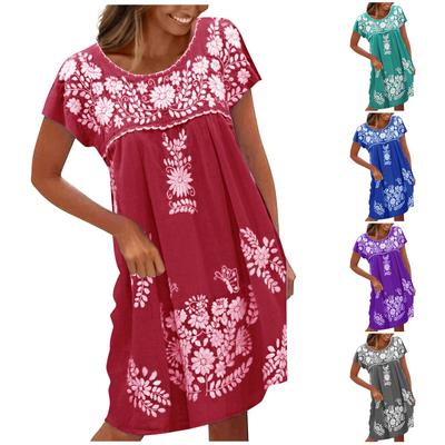 Damen Sommerkleid, lockerer Rundhalsausschnitt, ethnischer Stil, Rundhalsausschnitt, Raglan-Kurzarm