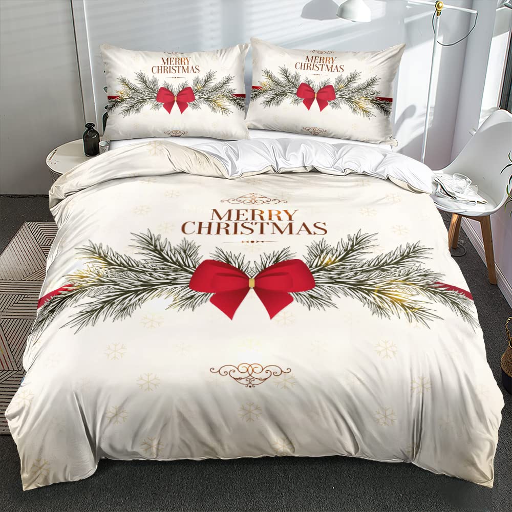 Merry Christmas Duvet Cover Set Red Bow Pattern Comforter Covers And Pillow Shams Buff Color Bedding Sets Twin Size Xmas Decor