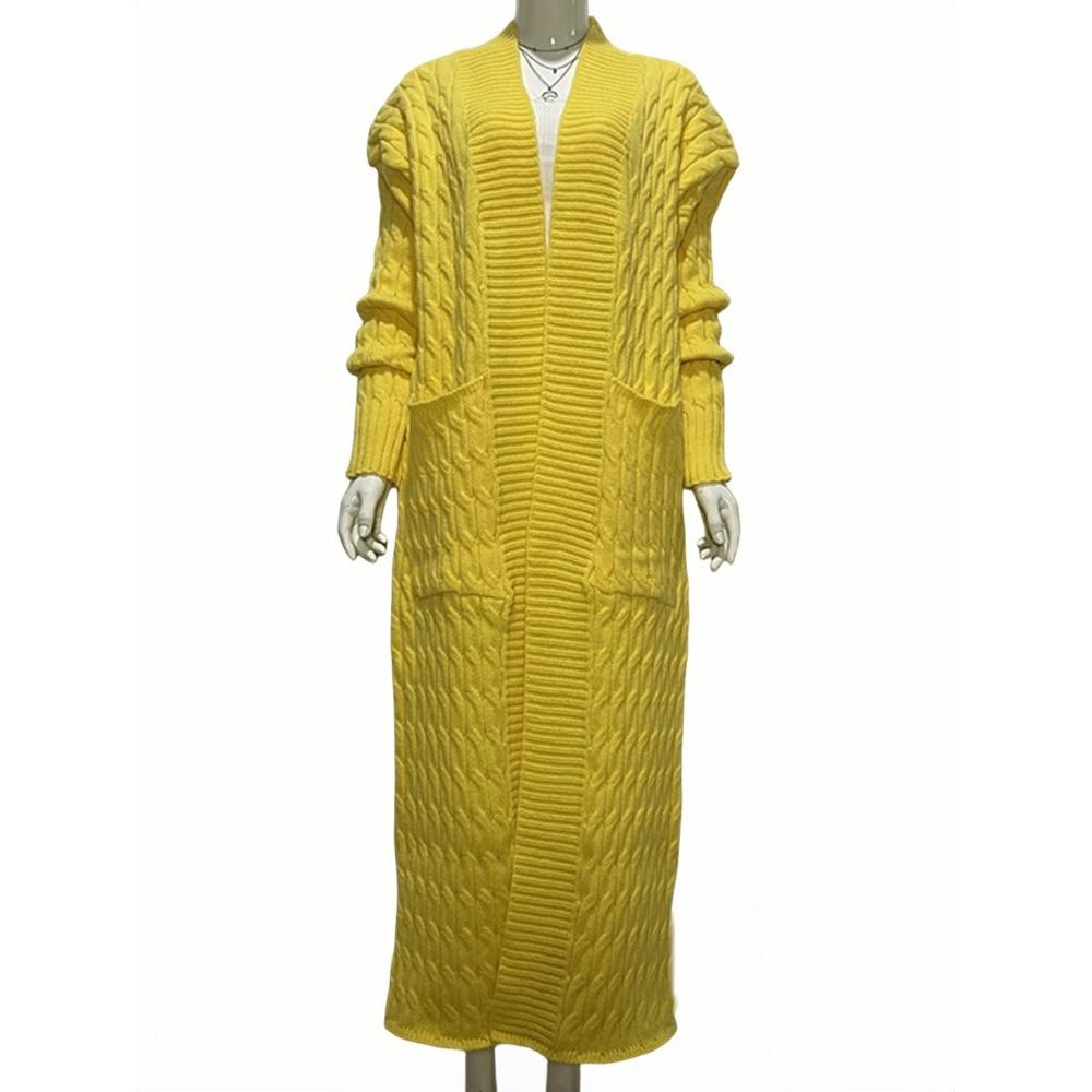 

Женские длинные кардиганы 2025 Осень Пальто с открытой передней частью Длинный рукав Ажурная вязка Макси Верхняя одежда Модная куртка Одежда XXL жёлтый