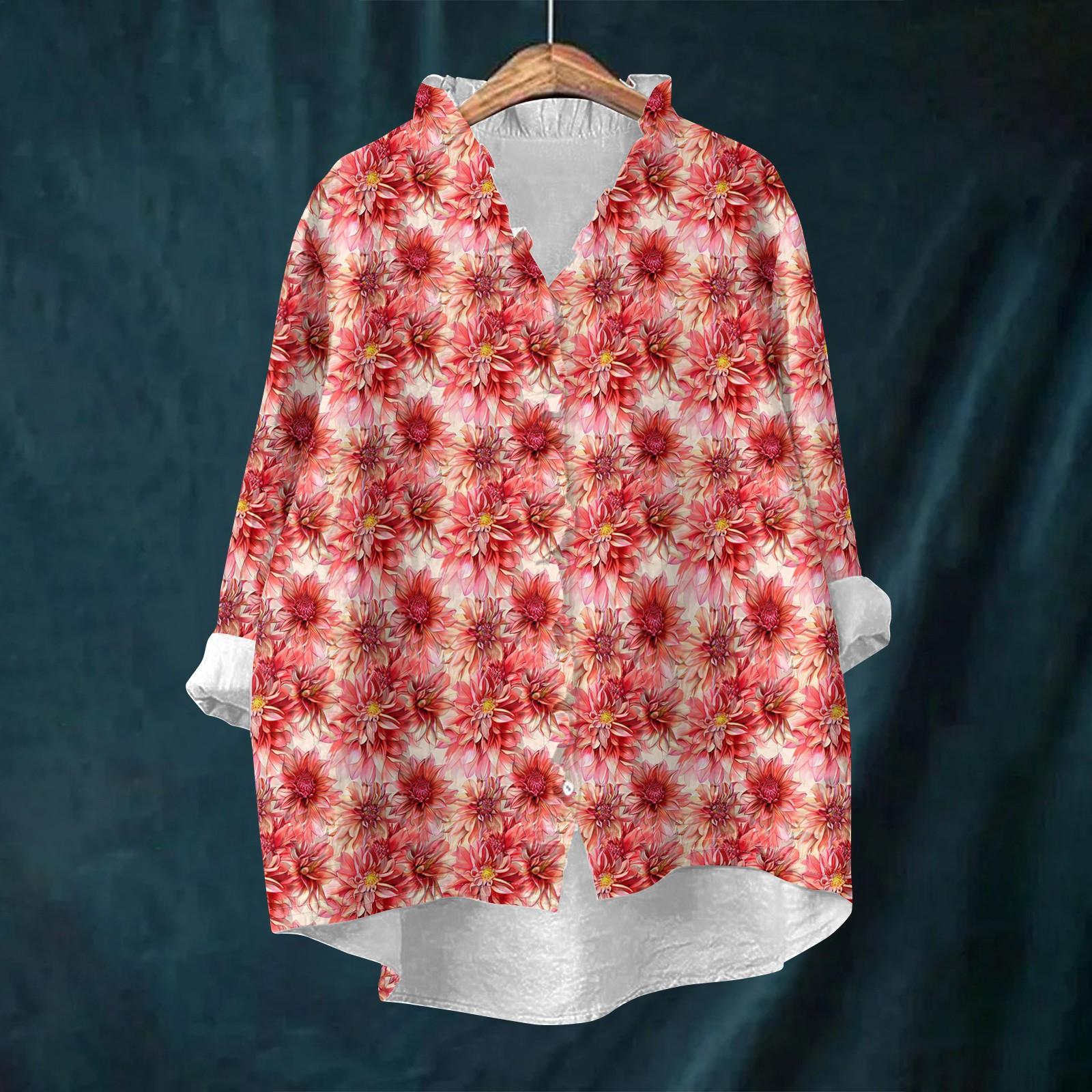 

Women s Loose Ruffled Retro Floral Print Stand Collar Long Sleeve Cotton And Linen Top M киноварь