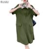 ZANZEA Womens Splice Turn Down Collar Casual Short Sleeve Dress