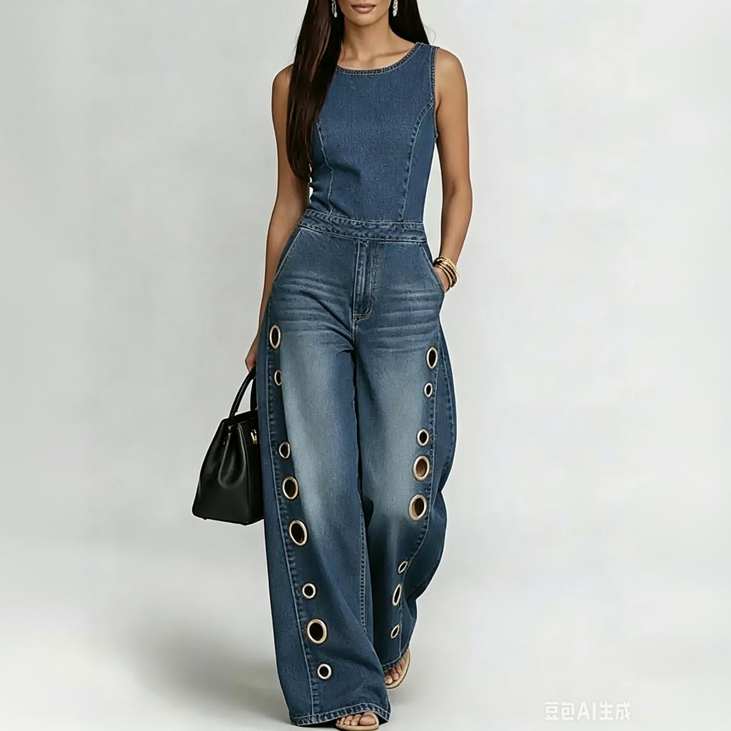 Tuta di Jeans Senza Maniche da Donna Gamba Larga Vestibilità Larga Scollo Rotondo Romper Casual con Quattro Tasche e Dettagli Occhielli Metallici