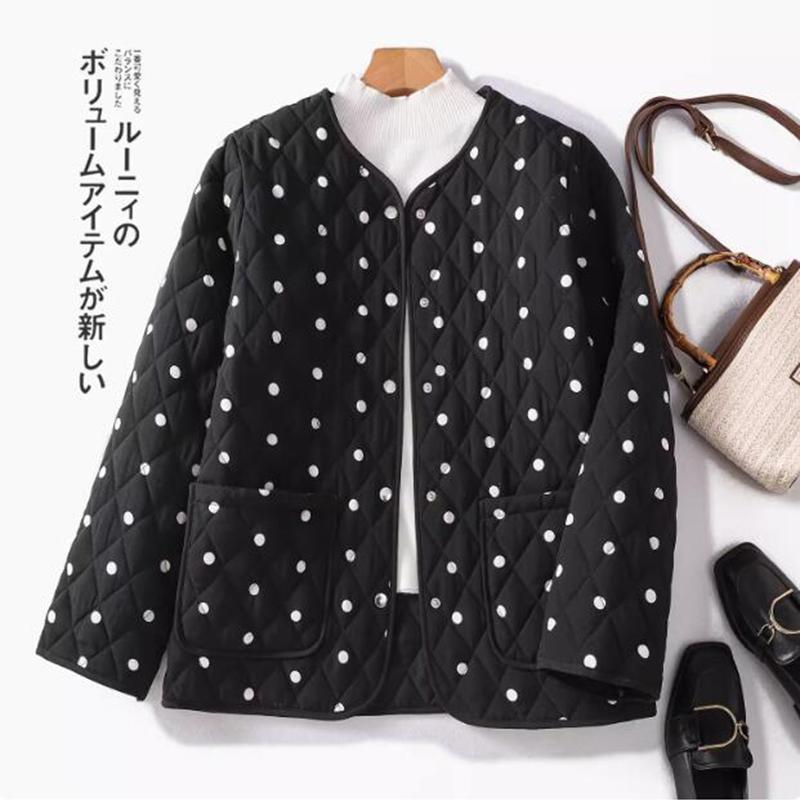 Retro O-Neck Contrasting Polka Dot Cotton Jacket For Women's Autumn Winter Single Breasted Double Pocket Warm Quilted Coat CS005