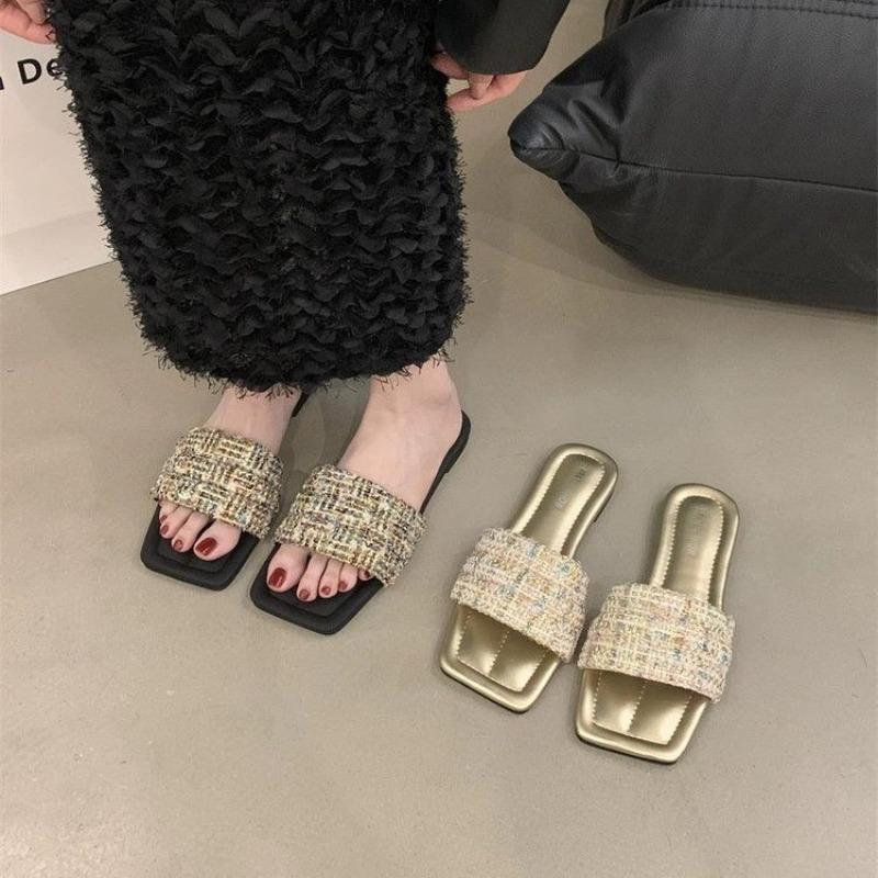 Fashion 2025 Flat Slippers Women's New Summer Square Head Woven Seaside Holiday Beach Shoes Non-slip Open-toe Large Size Women's Shoes
