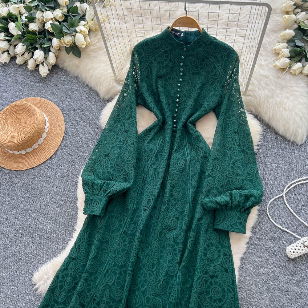 French Court Style Dress Women's Autumn High-end Single-breasted Waist and Thin Temperament Lace Long Dresses