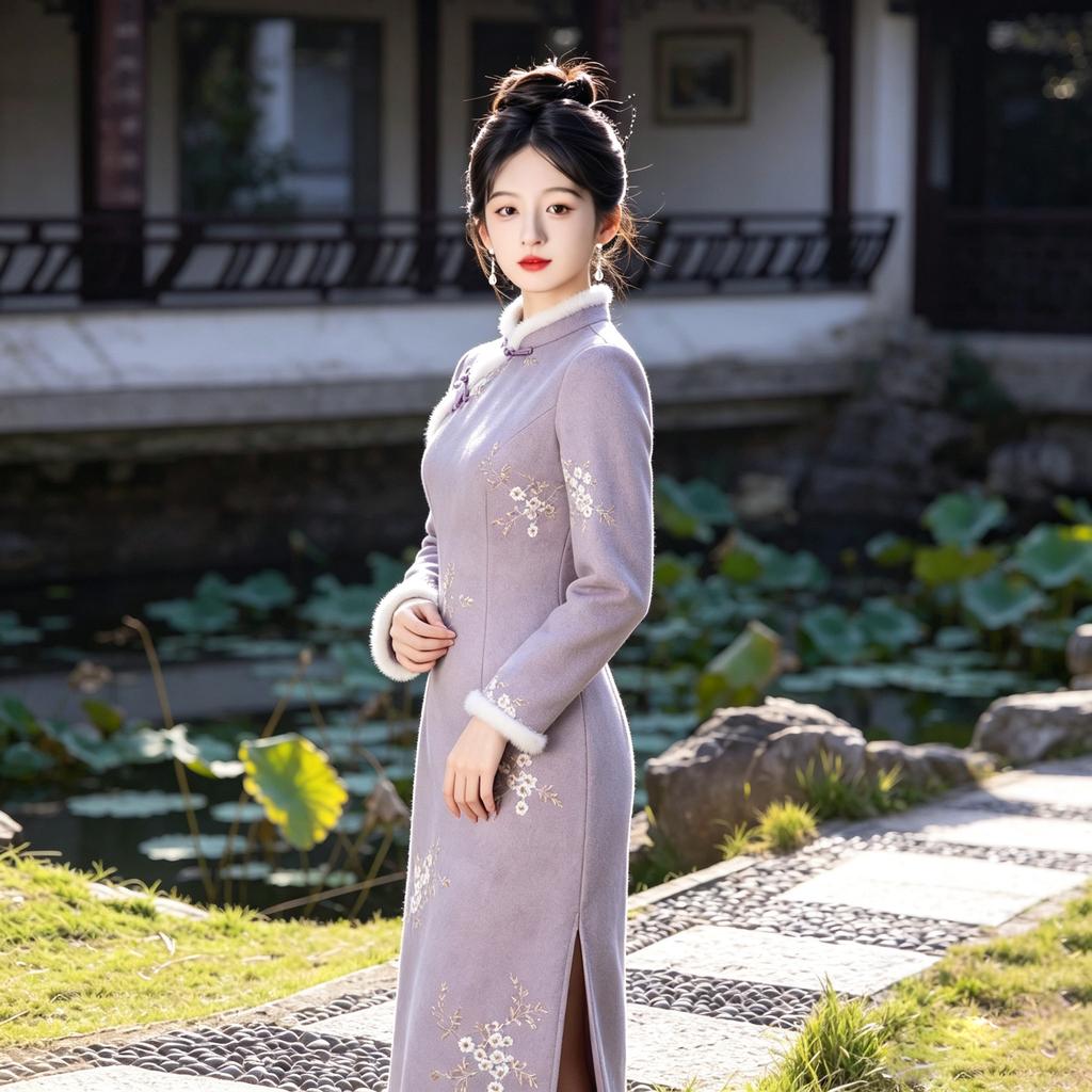 Purple New Chinese Suede Cheongsam 1011 New Improved Long Sleeve Daily Retro Fleece Thickened Dress Women