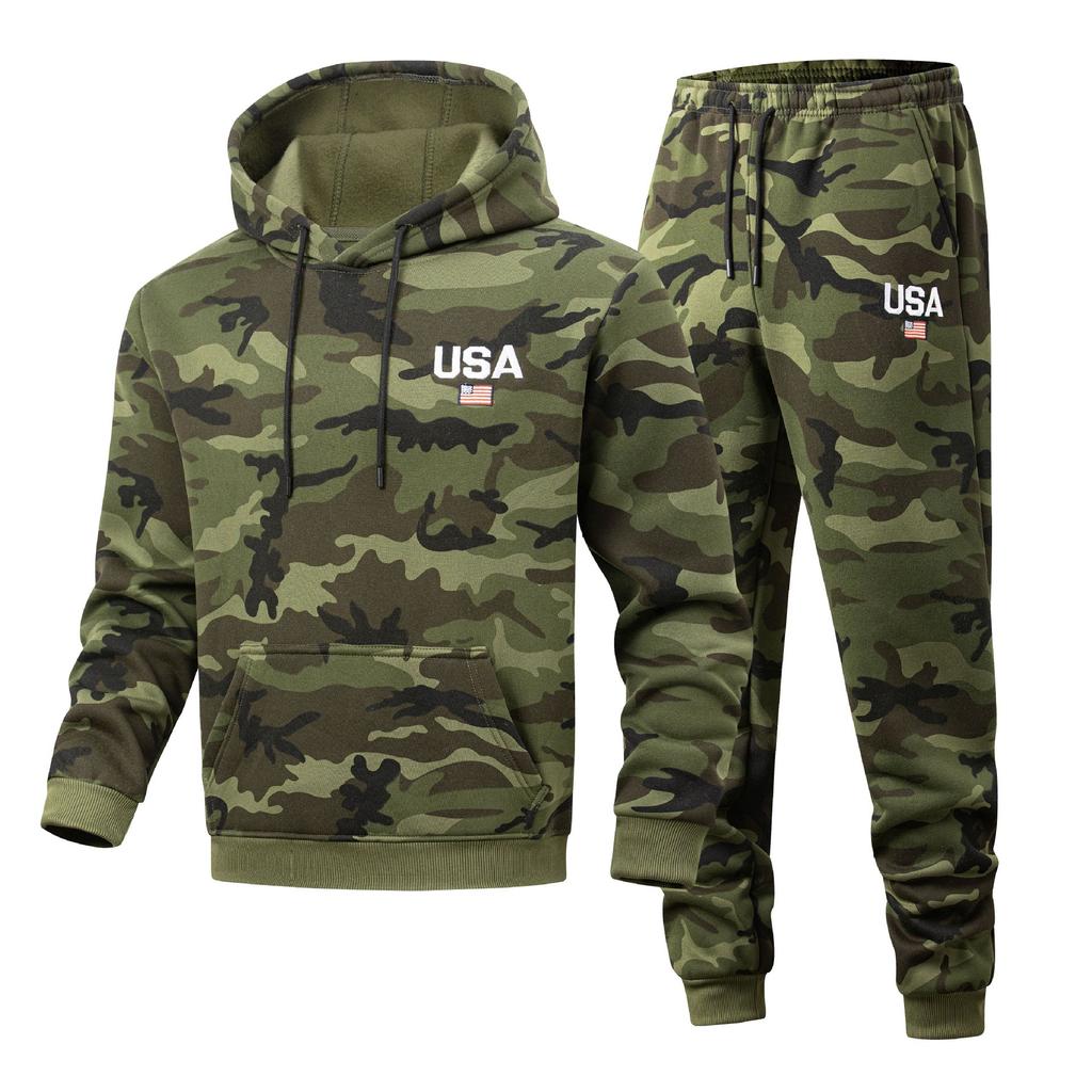 Camouflage Hooded Jacket Men's Thick Autumn Hoodie Men's Zipper Pullover Sweatshirt Two Piece Set