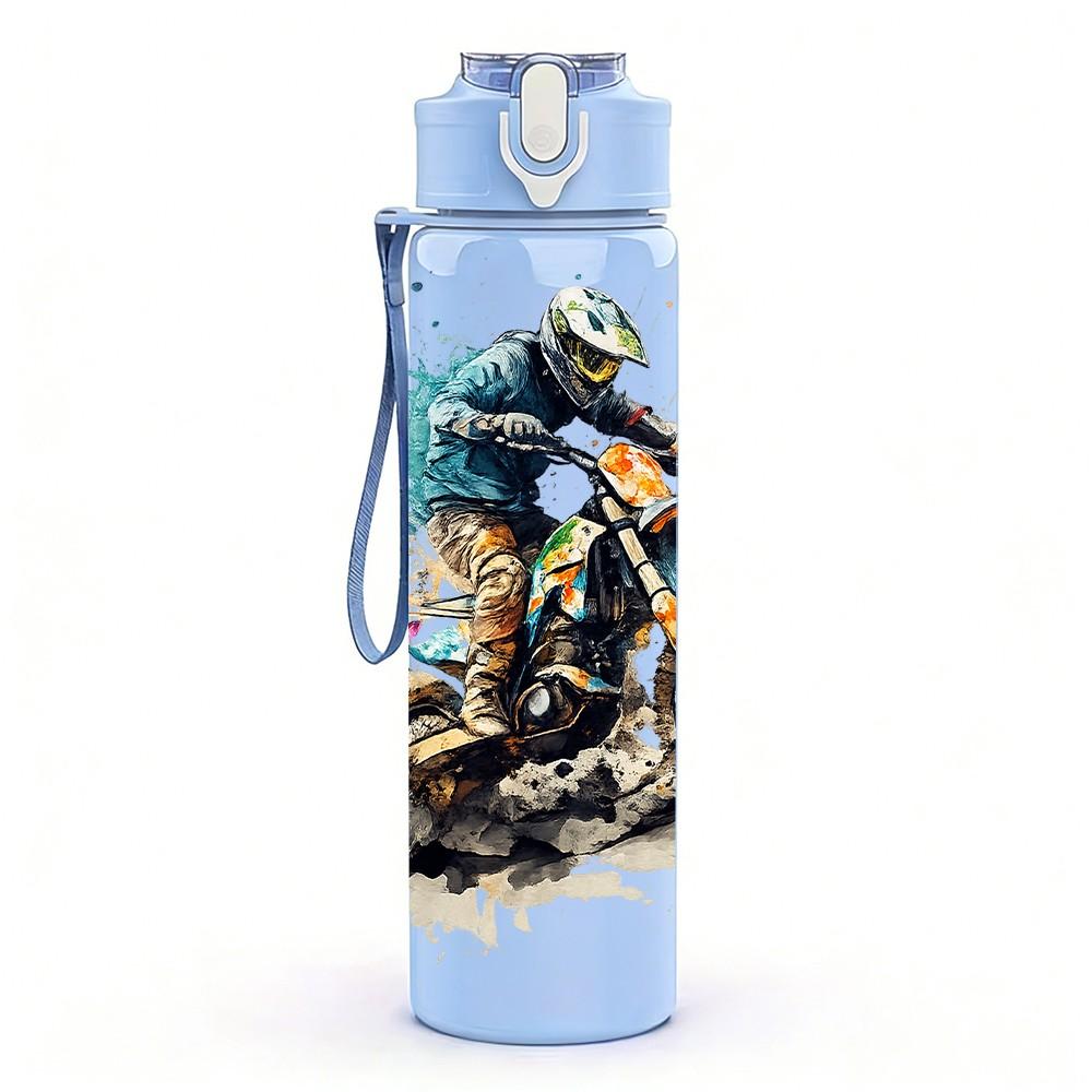1PC Off Road Motorcycle Rider Print 750ml Color Plastic Sports Water Bottle Leakproof Flip Straw Lid Suitable for Sports Office Home Use