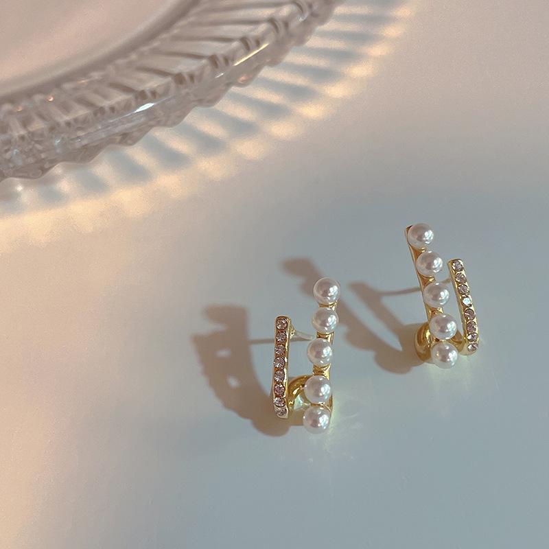 

Silver needle double-layer zircon pearl stud earrings new trendy unique design high-end temperament earrings women