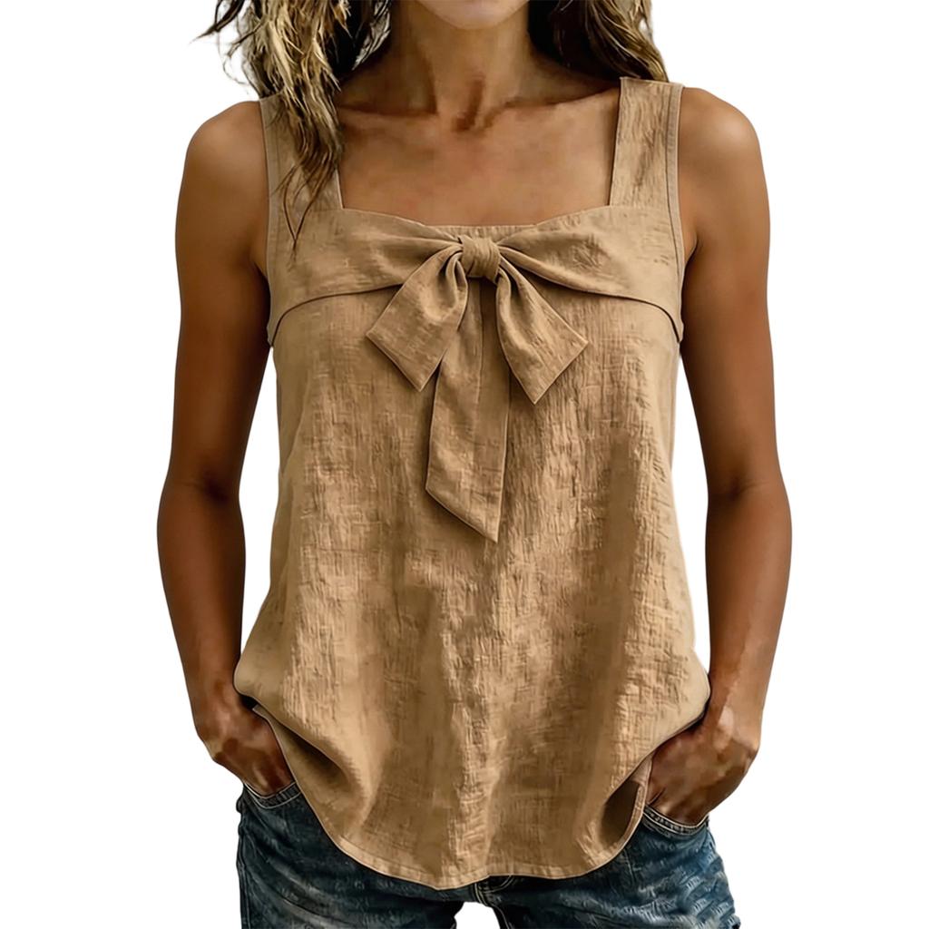 Women's Casual Sleeveless Tank Top Square Neckline Relaxed Fit Lightweight Fabric Summer Blouse with Front Tie Detail