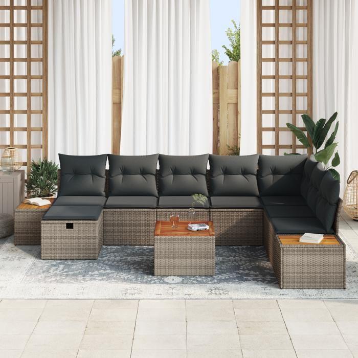 VidaXL Ensemble de Canapé de Jardin 9 Pièces avec Coussins Rattan Poly Gris 3359661