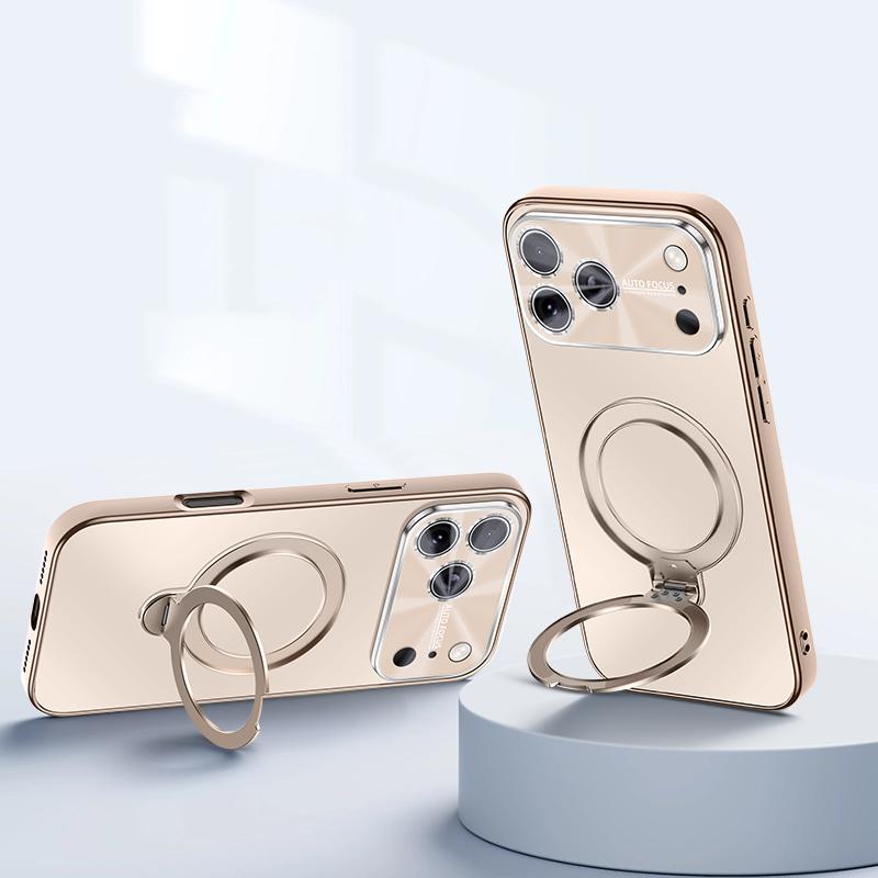 Plating For Magsafe Magnetic Phone Case For iPhone 17 Air 16 15 14 Pro Max Metal Rotating Ring Holder Bracket Matte Cover