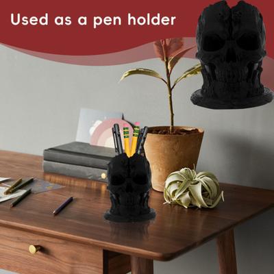 Skull Pen Holder Small Plastic Skull Makeup Brush Organizer Gothic Desk Storage Cup for Home Office Halloween Decor