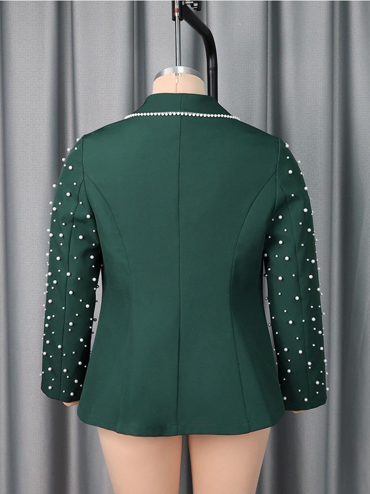 Elegant DarkGreen Turn Down Collar Long Sleeve Blazer Beaded Office Ladies Work Church Evening Party Blazer