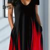 Kvinners Maxikjole med Lommer V-hals Korte Ermer Gradient Kontrastfarger A-linje Full Lengde Kjole for Daglig Fest Date