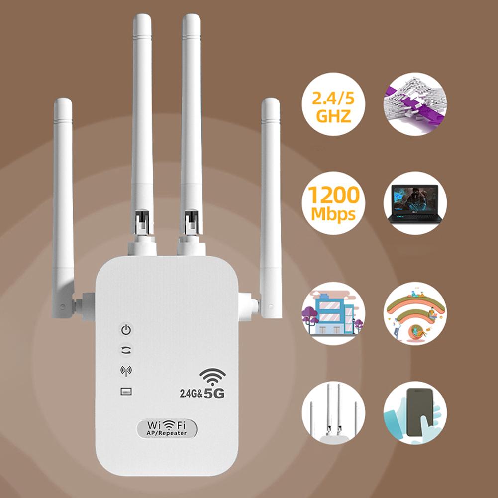 1200Mbps Wireless WiFi Repeater with WAN/LAN Port Dual-Band 2.4GHz/5GHz WiFi Extender 4 Antennas Wi-Fi Signal Booster for Home