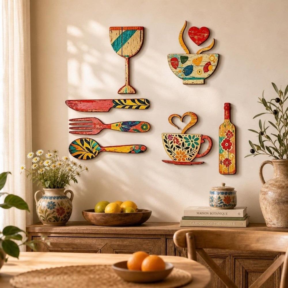 7/8 pcs Vintage Coffee Utensil Wooden Ornament Coffee Wall Sticker Hangings  Home Decoration