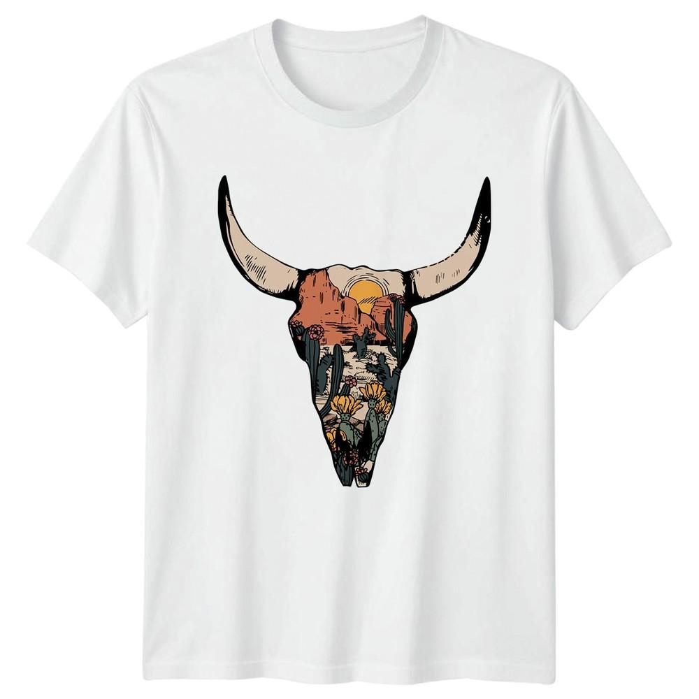Boho Cow Skull Desert Cactus Flower Unisexs TShirt Southwest Western S
