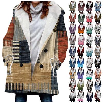 Women's Large Jacket With Warm And Plush Printed Hooded Button Jacket With Pockets