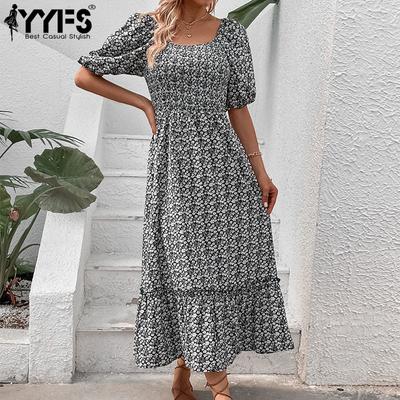 Women's Fashion Summer Spring Flower Pattern Print Short Sleeve O-Neck Middle Waistline Casual Dresses
