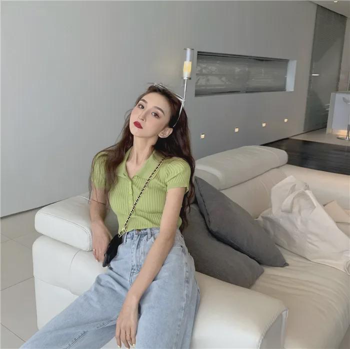 White Polo Collar Short-Sleeve Women's French Chic Top