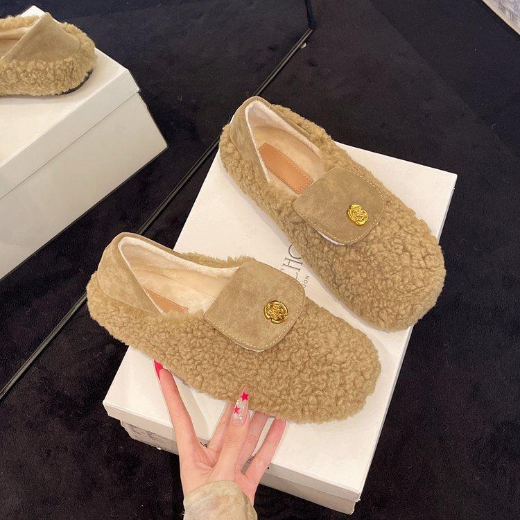 French camellia lazy one-pedal fluffy shoes women's autumn and winter velvet loafers soft-soled beanie shoes cotton ladyshoes