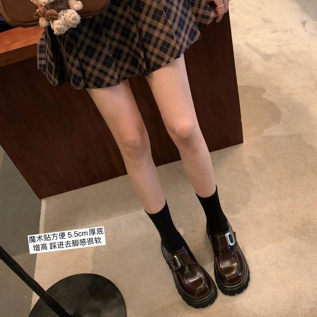 Sheepskin version~ College style square buckle lazy one-pedal muffin thick heel platform loafers small leather shoes genuine leather single shoes
