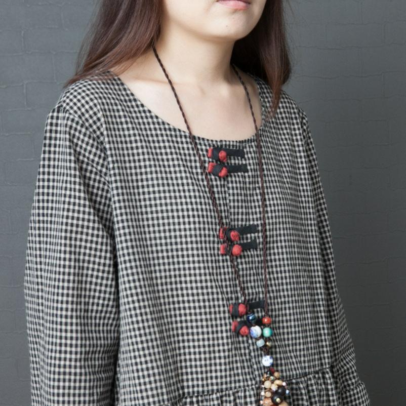 Autumn Literary Loose Large Size Plaid Mid-length Skirt Fat Mm Disc Buckle Long-sleeved Cotton and Linen Dress