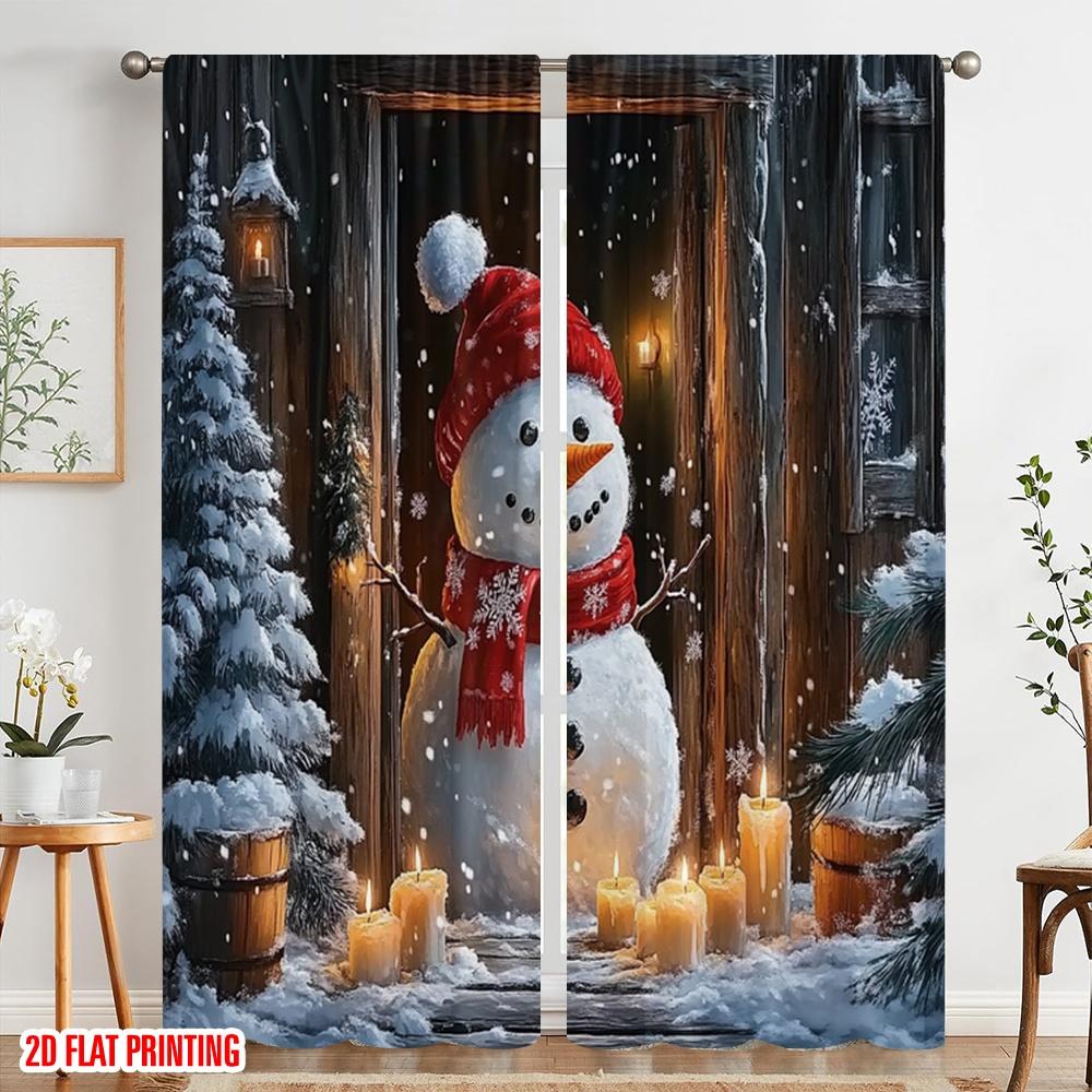 2pcs,2D Plane Printing Curtains Digital Printed Snowman Christmas Winter Door 100% Polyester (without Rod) All Seasons Use for