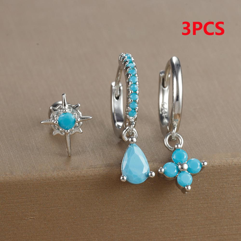 3PCS Stainless Steel Cubic Zirconia Water Drop Hoop Earrings Set For Women Simple Huggies Blue Star Cartilage Piercing Jewelry