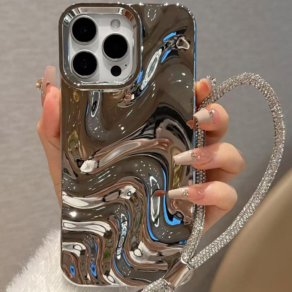 Silver Electroplated Wave Pattern iPhone 17 Pro Max Case Chain