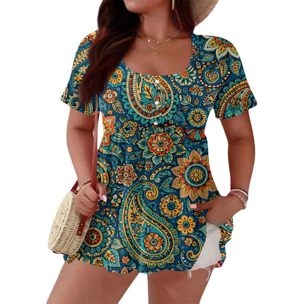 Women's Fashionable Casual Short Sleeve Loose Fit Button Front Printed Blouse