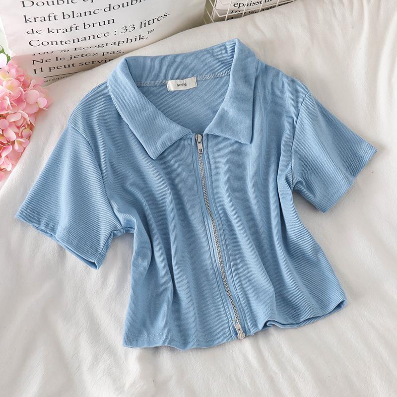 

IELGY Тонкая модная однотонная женская футболка с воротником-поло, топ с короткими рукавами и короткими рукавами M синий