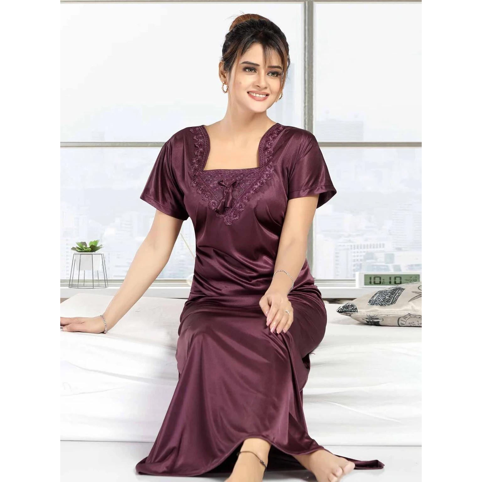 Beautiful Soft Satin Sleepwear Maxi Nighty Women Nightwear Lightweight Gown Free