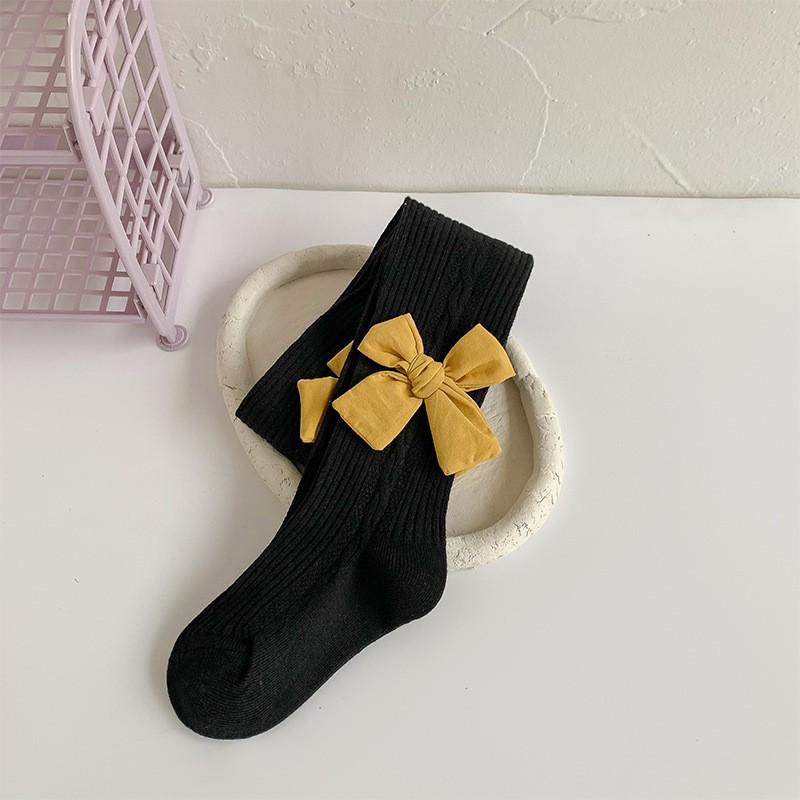 2024 Spring & Autumn Cable Knit Bow Leggings for Girls - Striped Tights with Open Crotch
