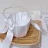 Satin White Wedding Flower Basket Rustic Bowknot Flower Girl Basket Pearl Handle Basket  Ceremony
