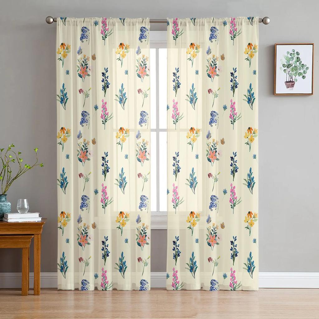 Violet Purple Lavender Floral Butterfly Plaid Violet Purple Transparent Curtains Living Room Decoration Window Panel Curtain Cooking Area Netting