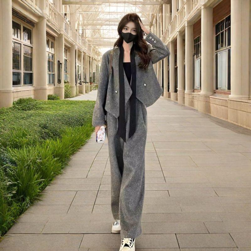 Women's Woolen Blazer & Straight-Leg Trousers Two-Piece Set for Autumn and Winter