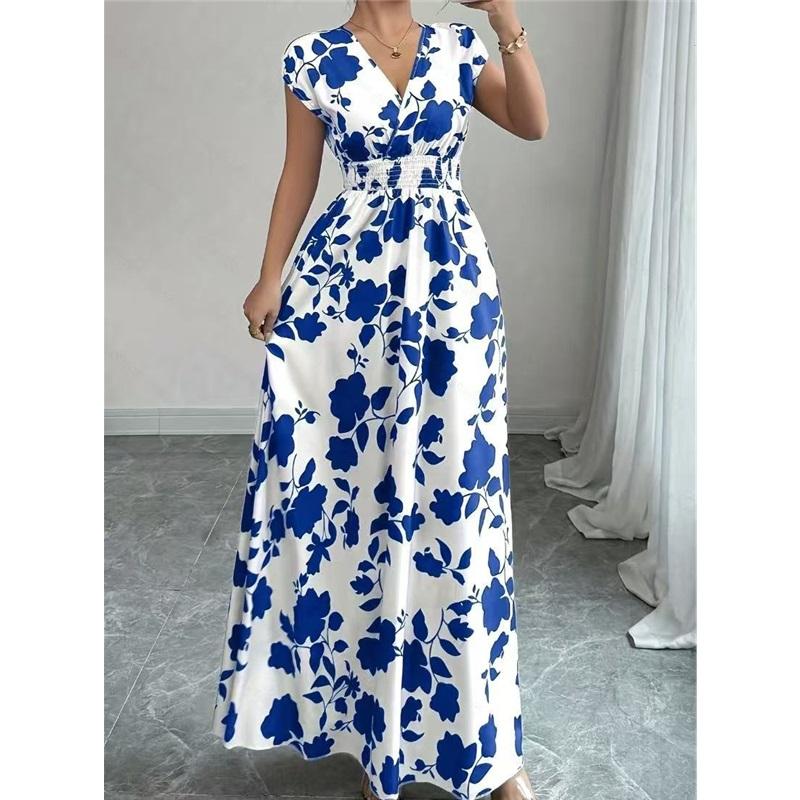 Women's Casual Floral Short-Sleeve Tie-Front V-Neck Fitted Dress for Summer