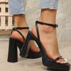 Mode Mode Schnalle High Heel Schwarze Sandalen für Damen Sommer Dicke Sohle Zehenfrei Sandale Frau Neu Eckige Zehenpartie PU-Leder Sandalen Mujer