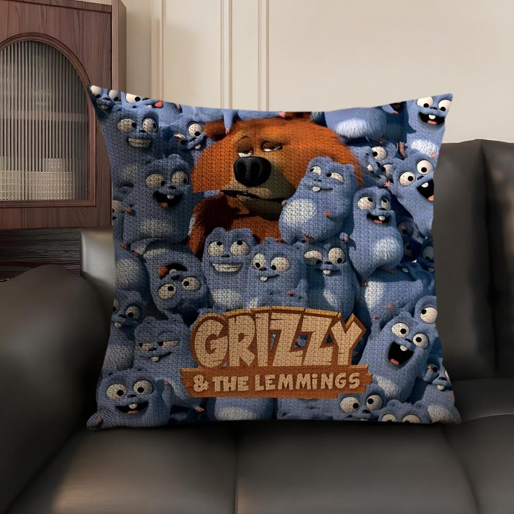 Federa per Cuscino G-Grizzly e L-Lemming Lino Naturale Tessuto Biologico Stampa Double-Sided Divano Decorazione Casa Regalo Federa