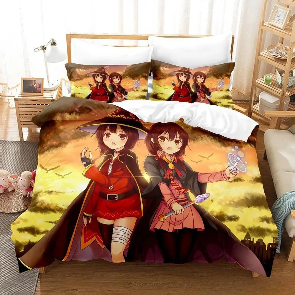 Kawaii KonoSuba Bedding Set 3D Anime Duvet Cover King Size for Adult Kids Bedroom Cartoon Girls