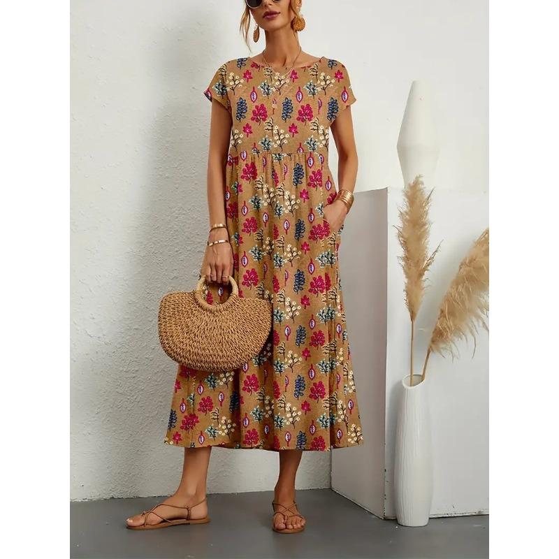YYFS Women's Fashion Summer Spring Flower Pattern Print Short Sleeve O-Neck Loose Waistlinet Casual Dresses1