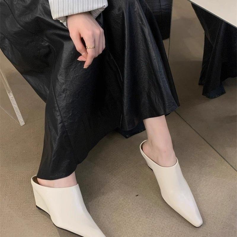 Fashion New Style Popular Baotou Half Women's Soft Leather Slope Heel High Cool Fashion Outwear Thick Lazy Muller Shoes Zapatos Mujer