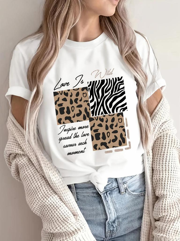 Letter Leopard Pattern Print Casual Summer Women's Versatile Short Sleeve T-Shirt Women Clothing Vintage Clothes Y2k Top