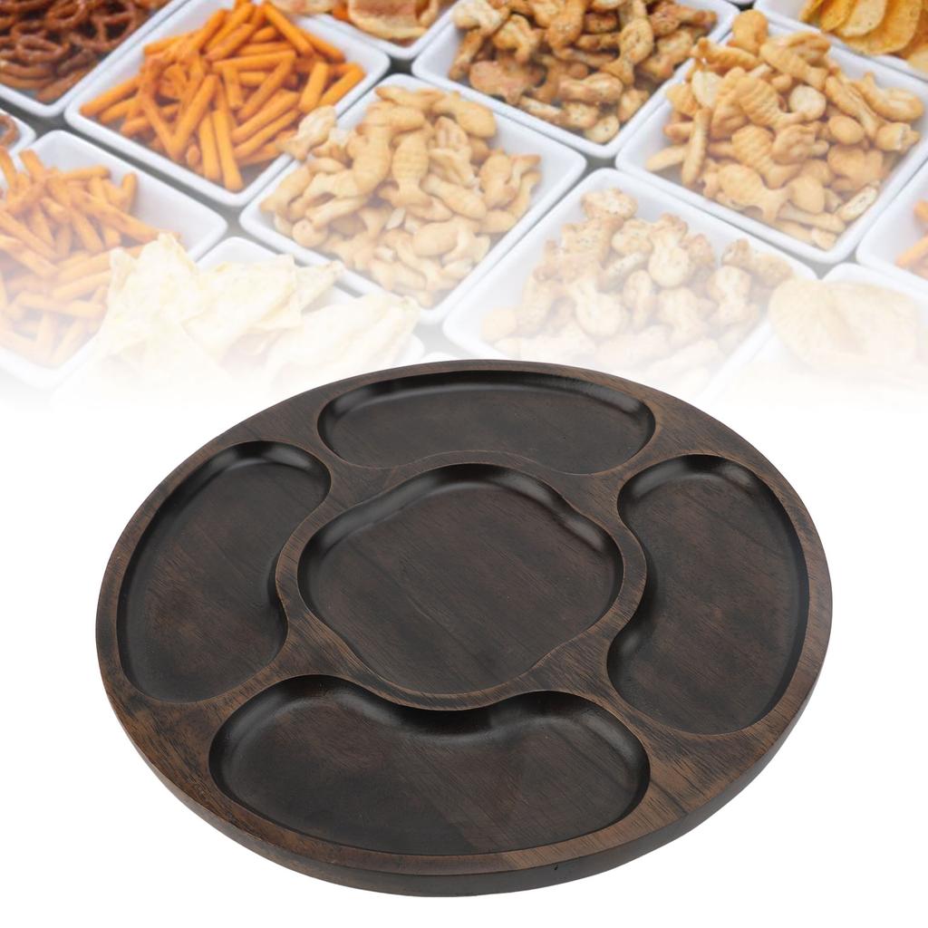Geteilte Servierplatte Holz Rund Snackplatte Chip- und Dip-Schale mit 5 Fächern für Süßigkeiten Vorspeisen Nüsse Partys