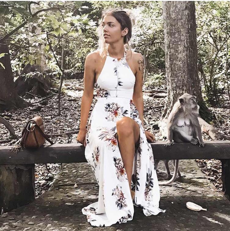 Women Halter Neck Chiffon Dress Floral Print Sleeveless Split Backless Long Dress Boho Dress