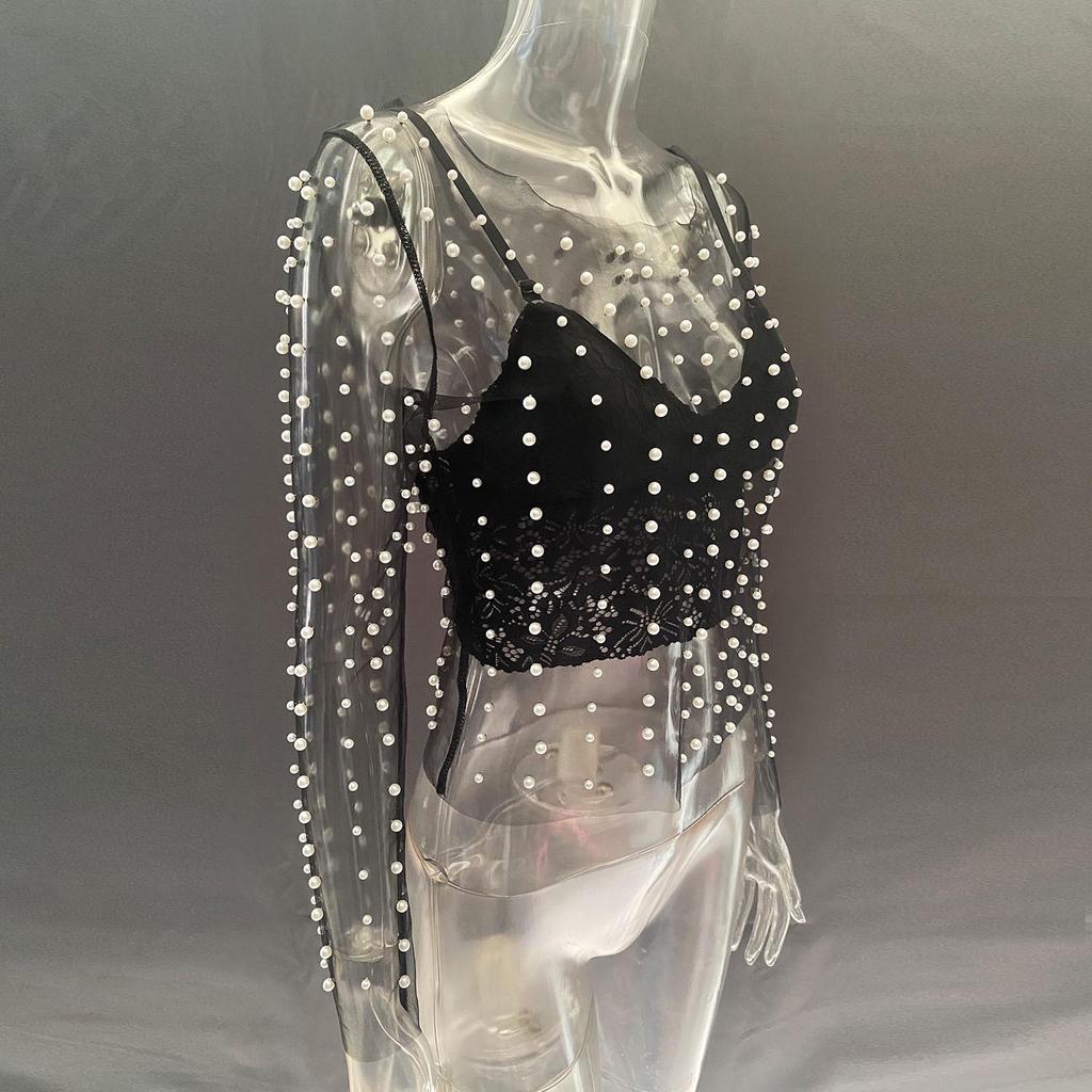 2023 Heiß verkaufendes Damen transparentes Netz-Langarmtop mit Perlenblasen für Frühling/Sommer