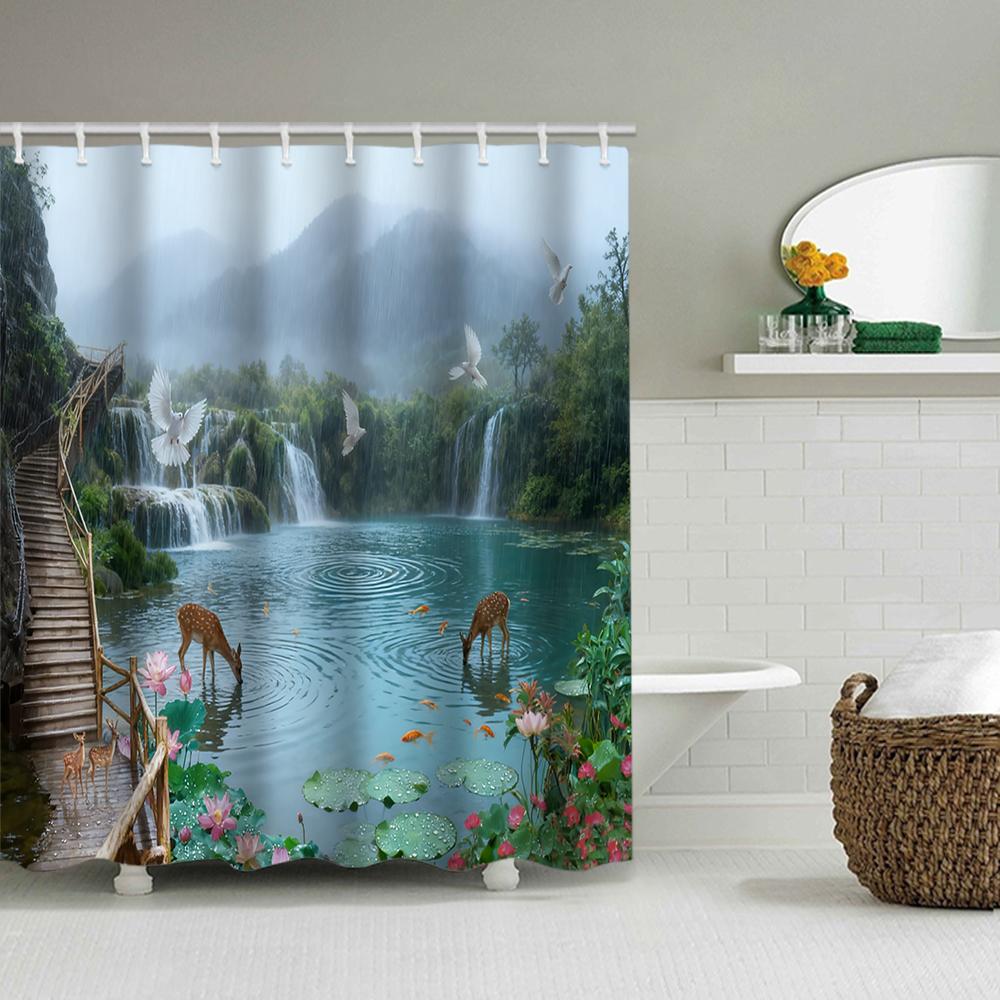 1/4 Forest Waterfall Print Shower Curtains, Toilet Seat Decoration, Shower Curtain with Carpet and Toilet Lid, 70.8x70.8 Inch