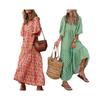 Women Bohemian Floral Print Dress V Neck A Line Maxi Beach Dress with Puff Sleeves Casual Loose Printed High Waist Swing Hem Dress for Beach Party